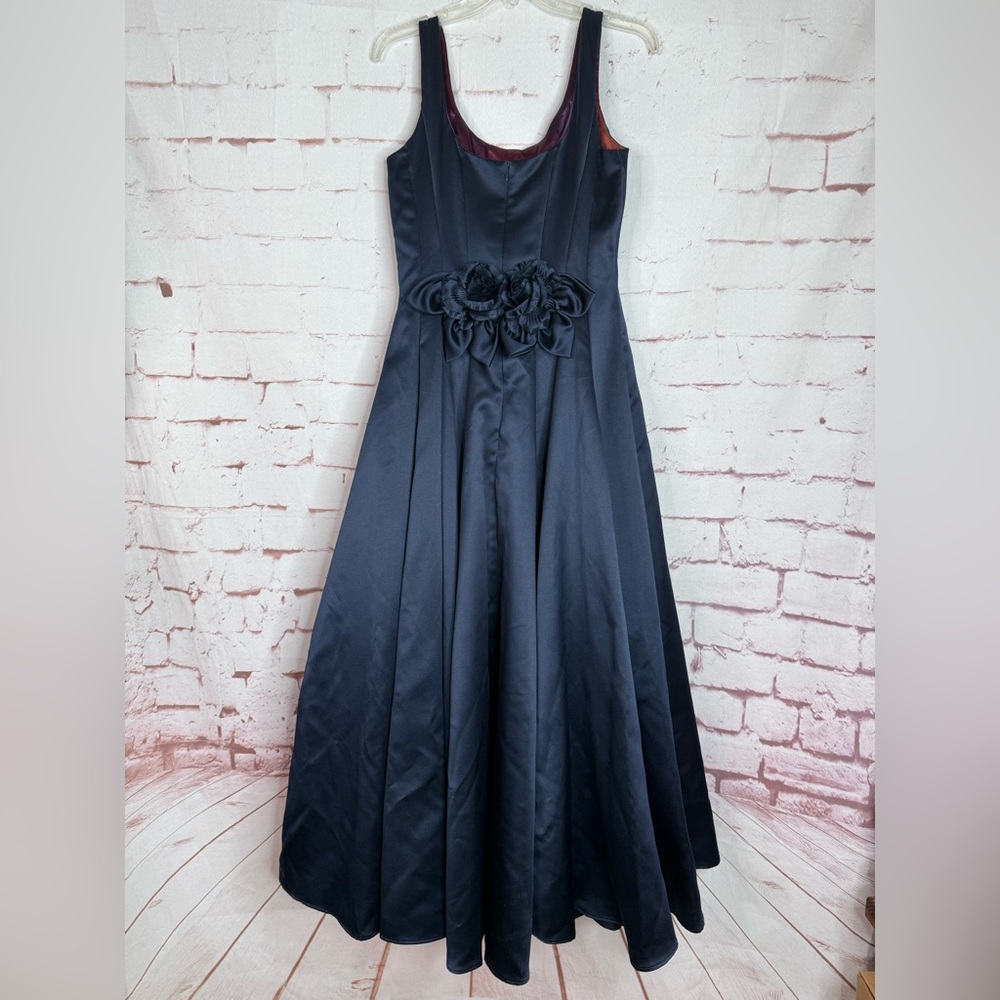 JESSICA McCLINTOCK Navy Satin Floor Length Prom Dress Size 10 Satin Rose Formal - Picture 14 of 16